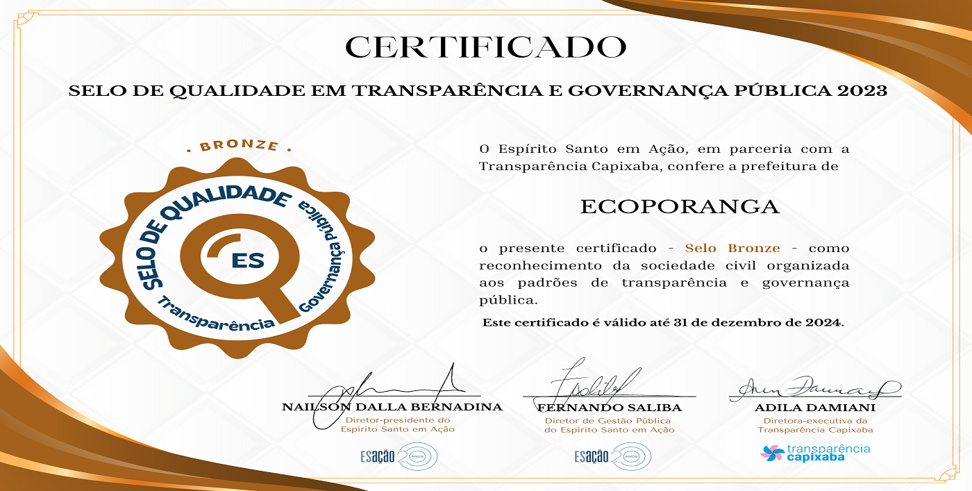 A Prefeitura Municipal de Ecoporanga recebeu hoje, 06 de dezembro de 2023, o Selo Bronze de Qualidade em Transparência e Governança Pública.