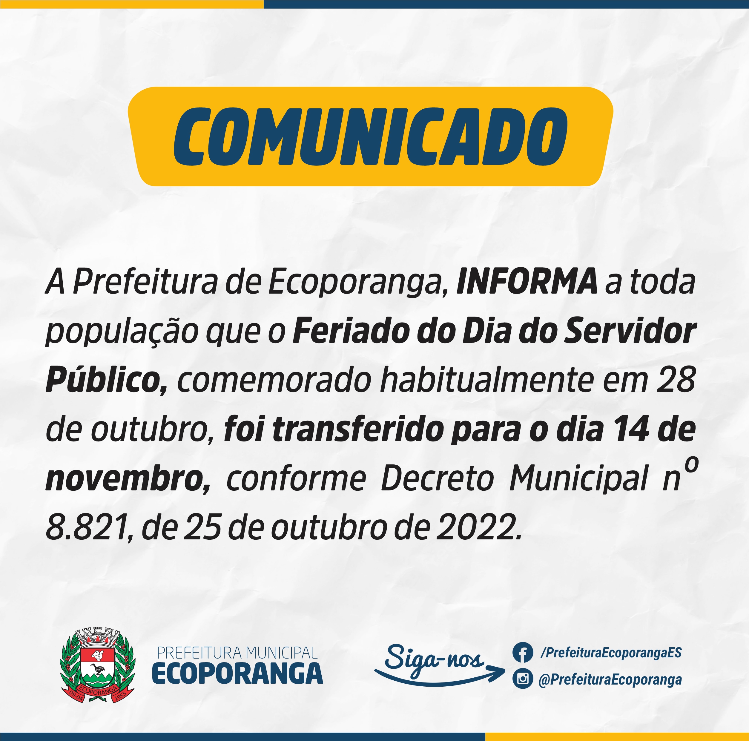 FERIADO DO DIA DO SERVIDOR PÚBLICO É TRANSFERIDO PARA O DIA 14 DE NOVEMBRO