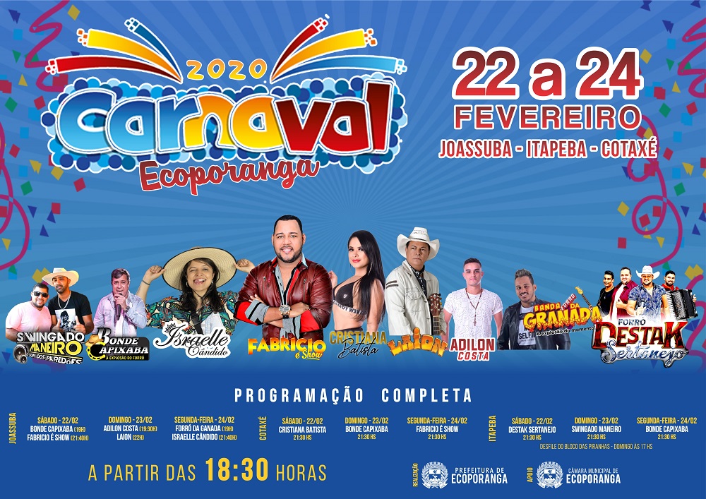 CARNAVAL ECOPORANGA 2020: PREFEITURA DIVULGA PROGRAMAÇÃO OFICIAL DO CARNAVAL DE ECOPORANGA