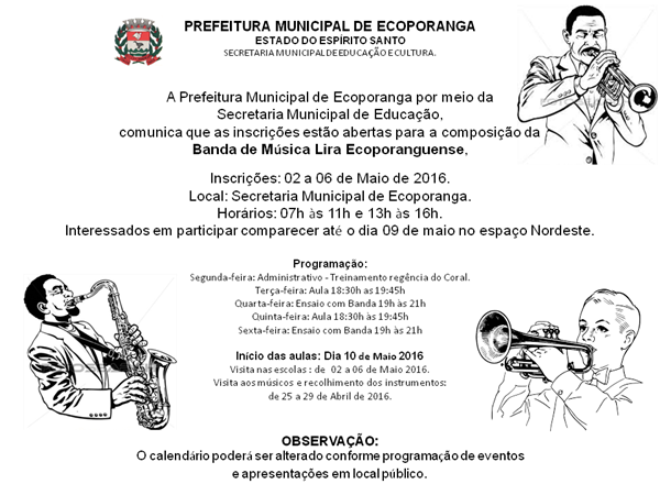 Prefeitura Municipal de Ecoporanga e Secretaria Municipal de Educação promovem curso de Banda Musical.